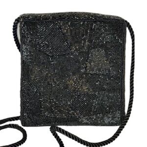 Walborg | Vintage Evening Bag.  Beaded. Black. Flap Closure.  Twisted Rope Strap